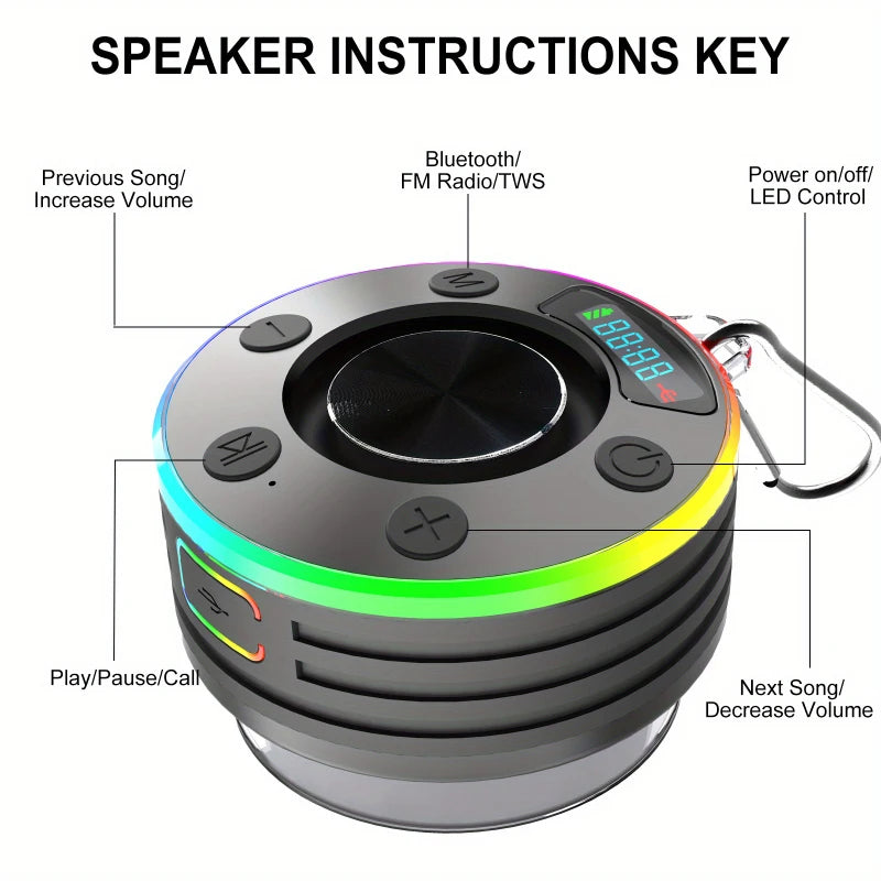 Portable Mini Bluetooth 5.3 Wireless Speaker, Powerful Suction Cup Design With RGB Ambient Light, TWS Stereo Pairing, TF Card & FM Radio Supported For Outdoor Shower Use