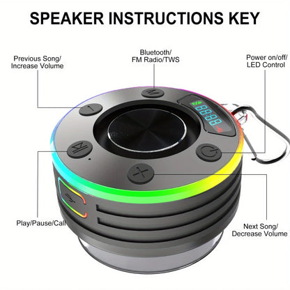 Portable Mini Bluetooth 5.3 Wireless Speaker, Powerful Suction Cup Design With RGB Ambient Light, TWS Stereo Pairing, TF Card & FM Radio Supported For Outdoor Shower Use
