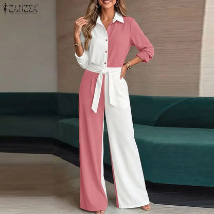 Fashion Women Matching Sets ZANZEA Autumn Long Sleeve Shirt Belted Wide Leg Pant Sets 2 Piece Chic Color-Blocking Office Outfits