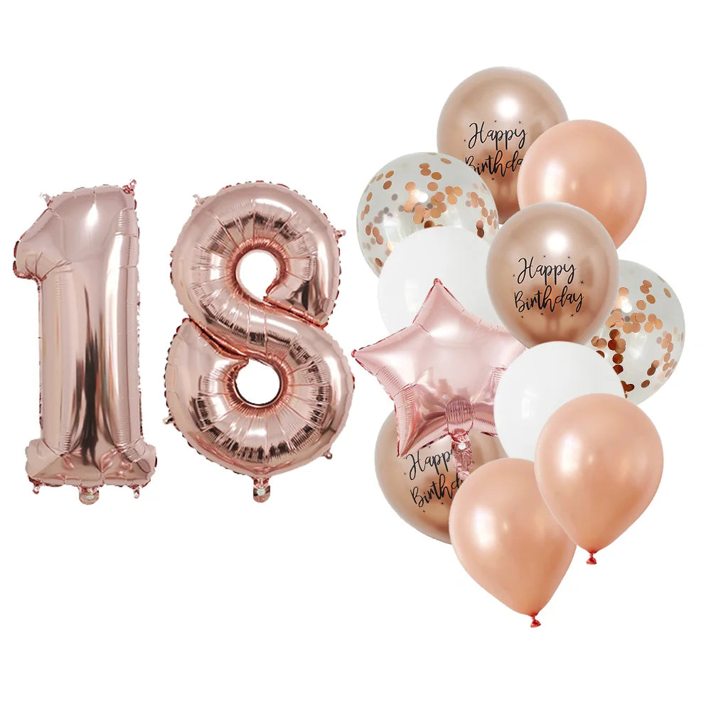 13 Pcs Rose Gold Mixed Balloons 32 Inch Foil Number Ball 10 11 12 13 14 15 Years Old Girls Birthday Party Decorations Supplies