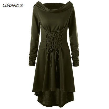 Medieval Cosplay Renaissance Archer Costumes Hooded Robe Lace Up Pullover Long Hoodie Dress Cloak Halloween Party