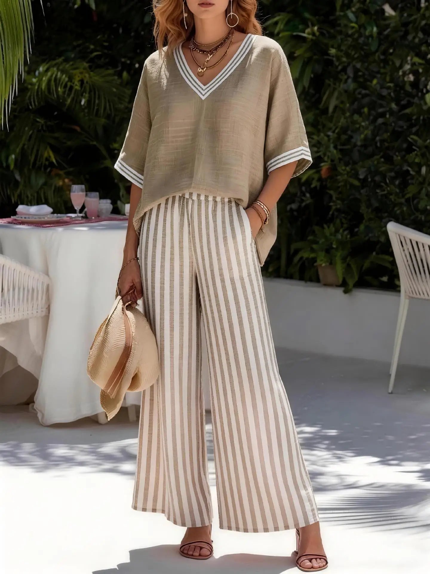 Two Pieces Women Pant Sets Striped Matching Set Short Sleeves V Neck Top Elastic Waist Wide Leg Pants Loose Casual 2026 Summer