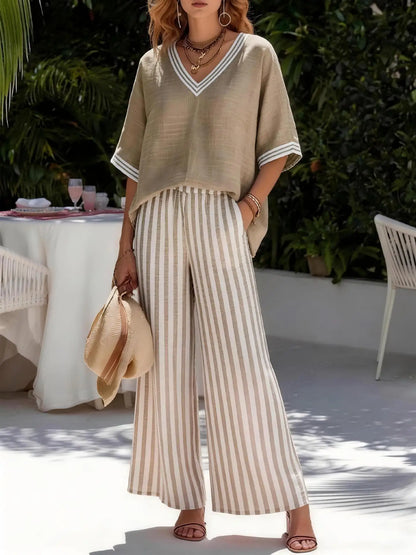 Two Pieces Women Pant Sets Striped Matching Set Short Sleeves V Neck Top Elastic Waist Wide Leg Pants Loose Casual 2026 Summer