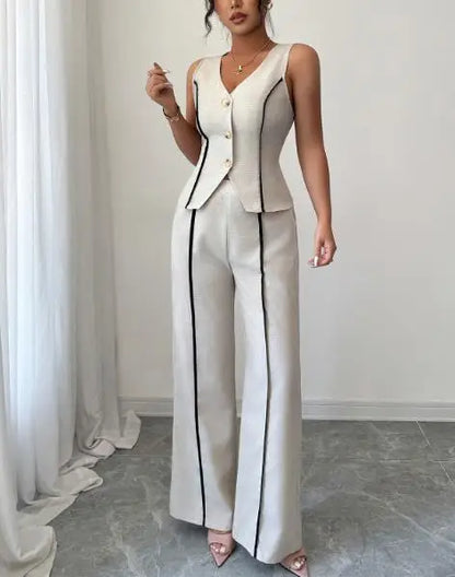 Two Piece Set Women Outfit 2026 Spring Summer New Contrasting V-Neck Sleeveless Single-Breasted Vest & Casual Straight Pants Set