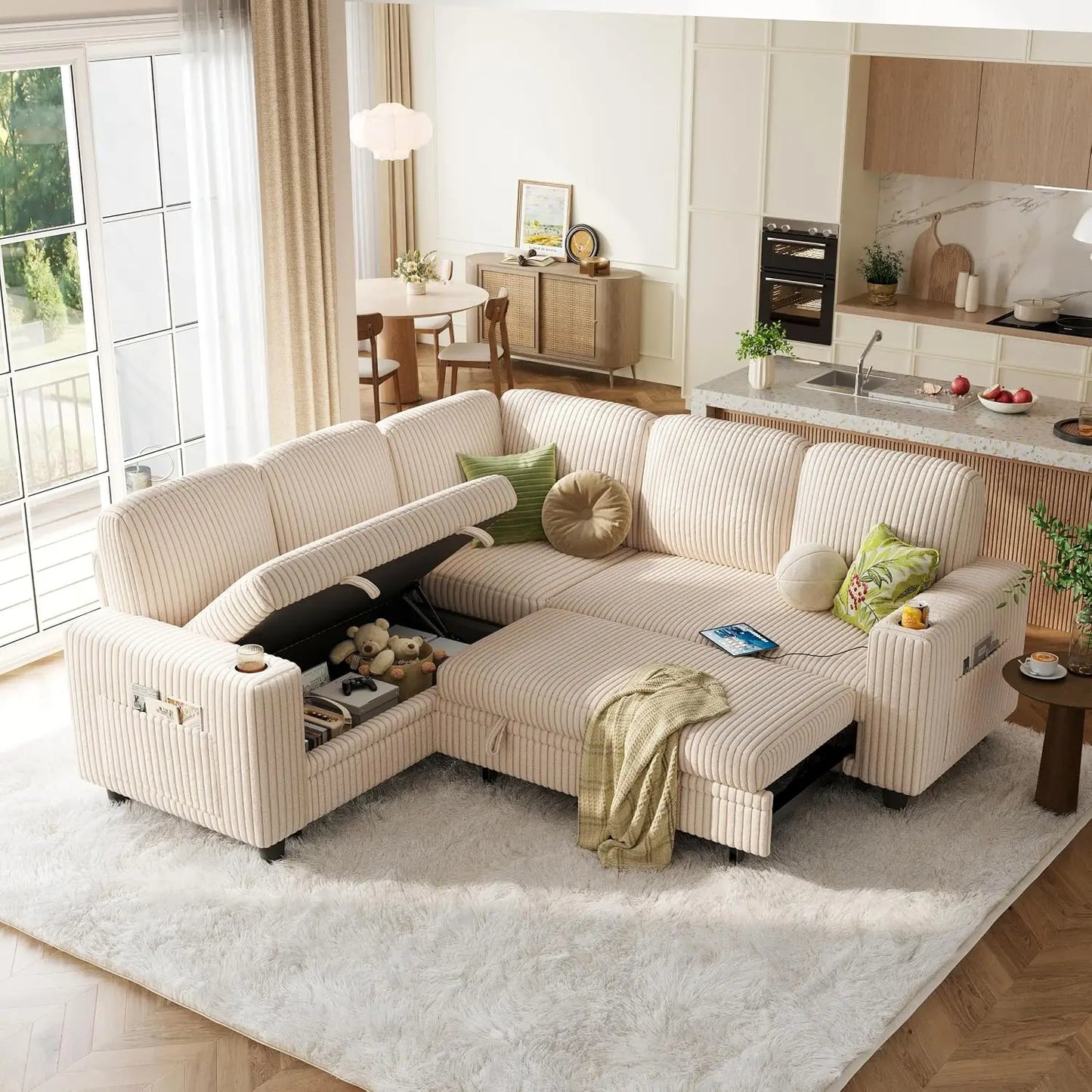 Sectional Couches for Living Room, 81" L Shape 5 Seats, Green | Sleeper sofa with pull out couch bed, corduroy, Customized