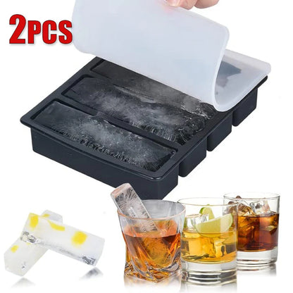 4 Grid Big Ice Tray Long Strip Square Whiskey Ice Cubes Silicone Mold With Lid Non-toxic Durable Pub Wine Ice Blocks Maker Model