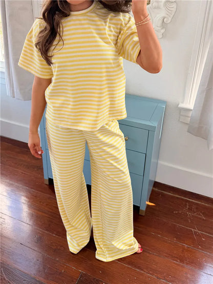Women Y2K Striped Two Piece Outfit Summer Basic Short Sleeve Crew Neck Top and Wide Leg Pants Set Casual Loungewear Homewear