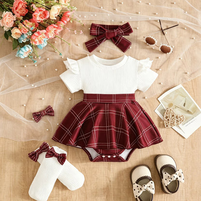 Baby Girl Bodysuit Dresses Short Sleeve Heart Shape Bow Romper Infants Onesies With Socks Headband 3pcs Sets For Newborn Girls