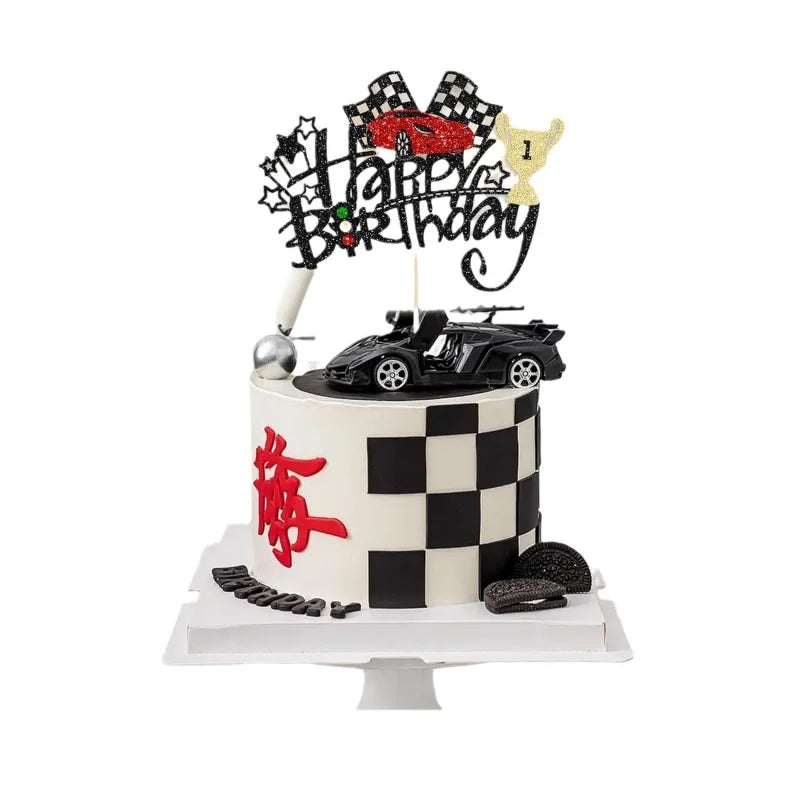 Cake Topper Racing Car Flag Happy Birthday Sports Car Theme Boy Man Party Baby Shower Cupcake Decoration Baking Supplies Stars