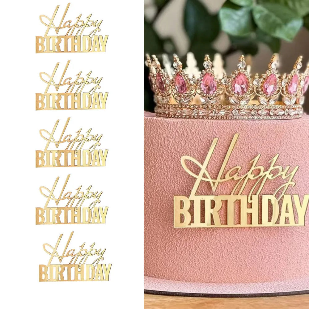 5pcs Happy Birthday Cake Toppers Mirror Acrylic Side Cake Decorations for Birthday Cake Decor Party Decorations