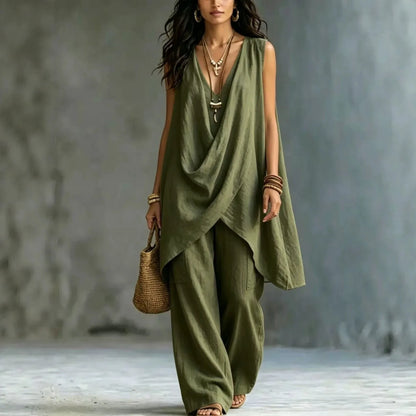 Women Holiday Blouse Pant Suits Summer Sexy V Neck Sleeveless Loose Asymmetrical Blouse Tops&Wide Leg Full Trouser Sets