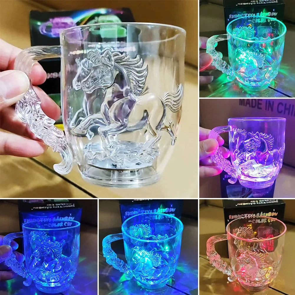 1Pc LED Flash Magic Color Changing Horse Cup Water Activated Light-Up Beer Coffee Milk Tea Wine Whisky Bar Mug Travel Gift