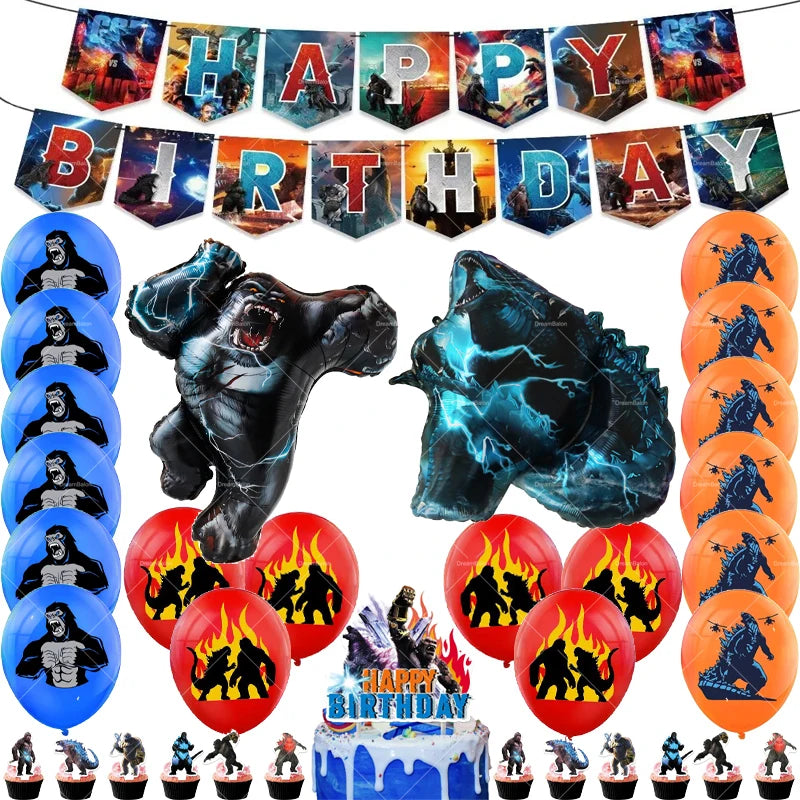 Monster Godzillaed Vs King Konged Happy Birthday Decoration Party Supplies Balloons Banner Backdrop Cake Topper Cup Plate Napkin