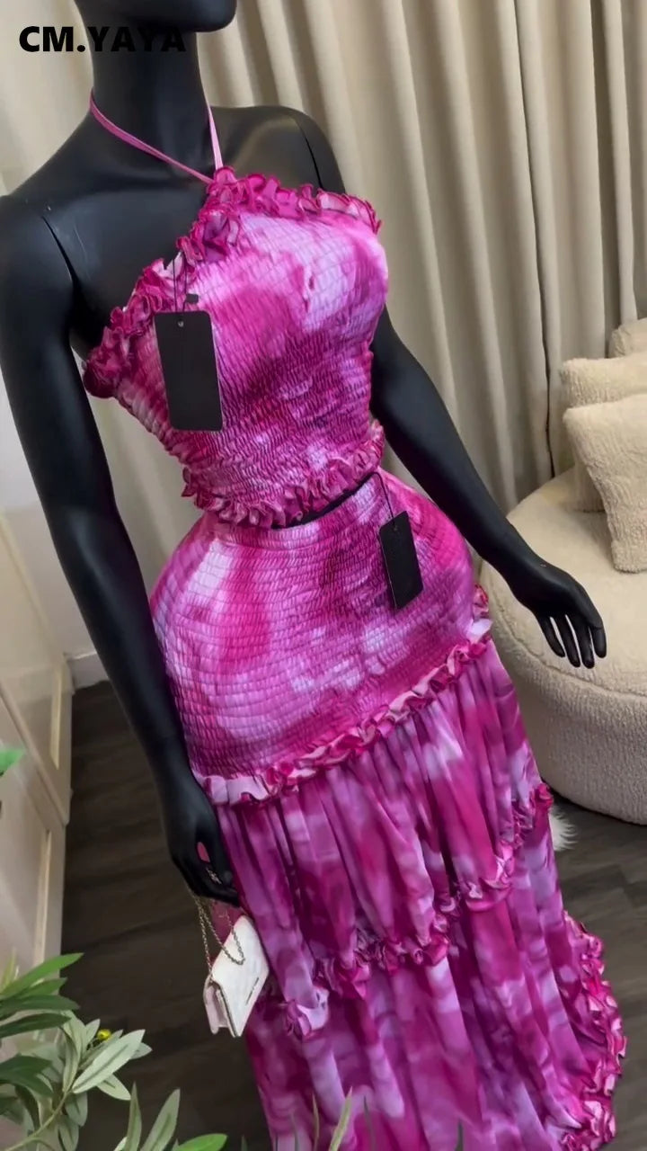 CM.YAYA Women Set Tie Dye Print Sleeveless Halter Crop Tops +Ruffles Long Skirt 2026 Summer Beach Vacation Two Piece Set Outfits