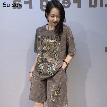 Tie-dye Cartoon Bear Oversized Short Pant Sets Woman Outfits 2026 Summer Casual O Neck Short Sleeve T Shirt 2 Piece Sets