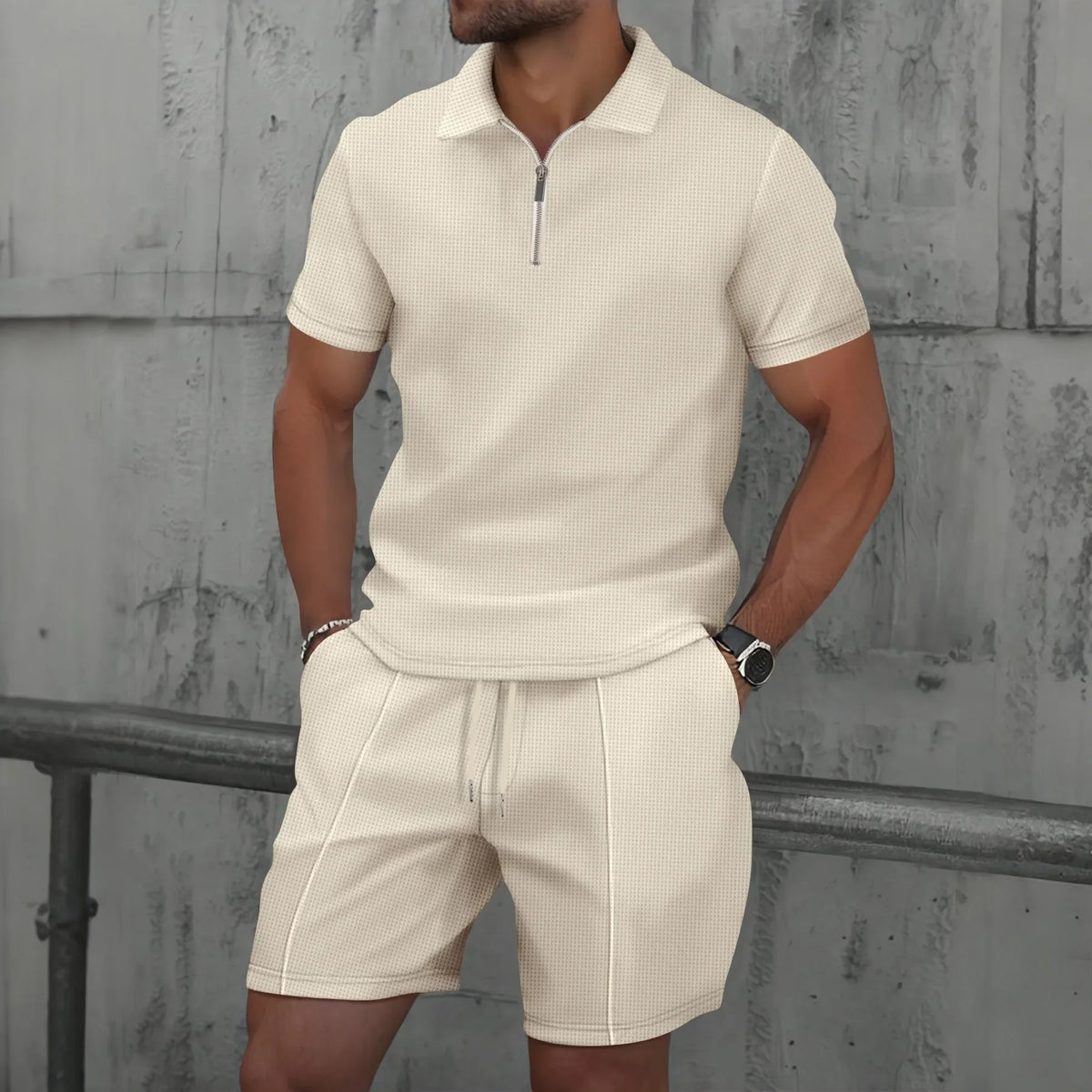 Men's Summer Waffle Short-Sleeve Suit Shorts Zip-Up Lapel Solid Color Two Sets Europe And US Style 2026