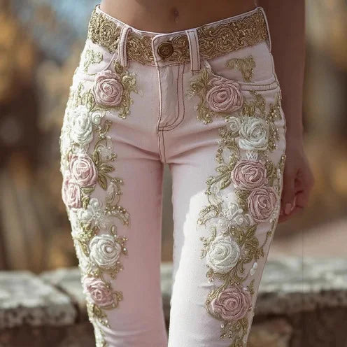 Spring Autumn New Women's High Waist Rose Embroidery Beaded Denim Pants Versatile Comfortable Casual Trendy Commuting Daily Wear