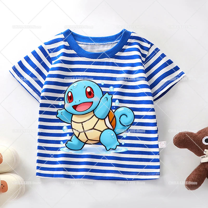 Cartoon Pokemon Stripe T Shirt Cute Pikachu Eevee Bulbasaur Baby Boy Girl Summer Tops Kawaii Toddler Short Sleeve Tee Shirts