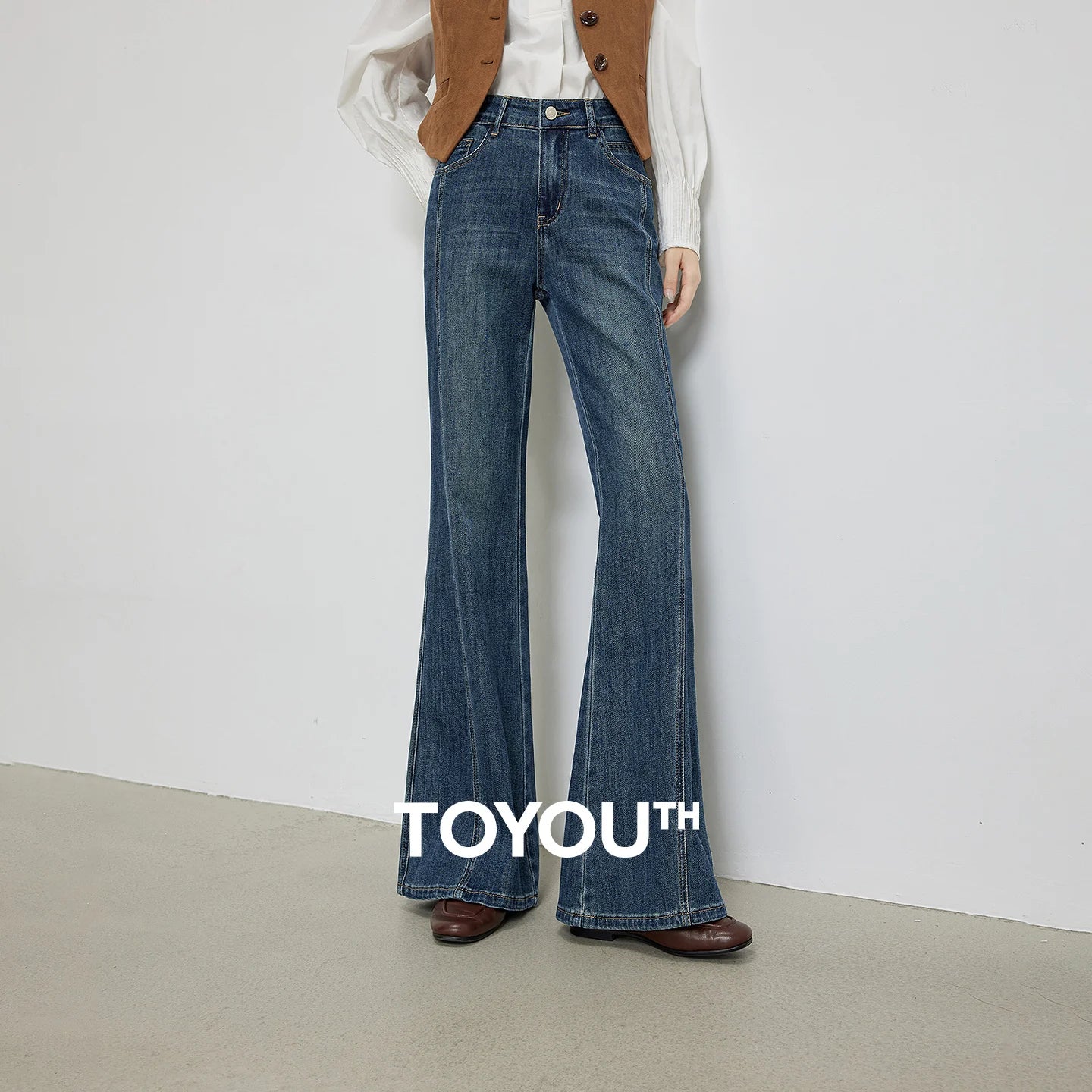 TOYOUTH Women's Glazed Blue Deconstructed Splicing Stretch Cotton Jeans 2026 Autumn New Slim Fit Flared Chic Denim Trousers