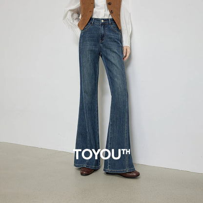 TOYOUTH Women's Glazed Blue Deconstructed Splicing Stretch Cotton Jeans 2026 Autumn New Slim Fit Flared Chic Denim Trousers