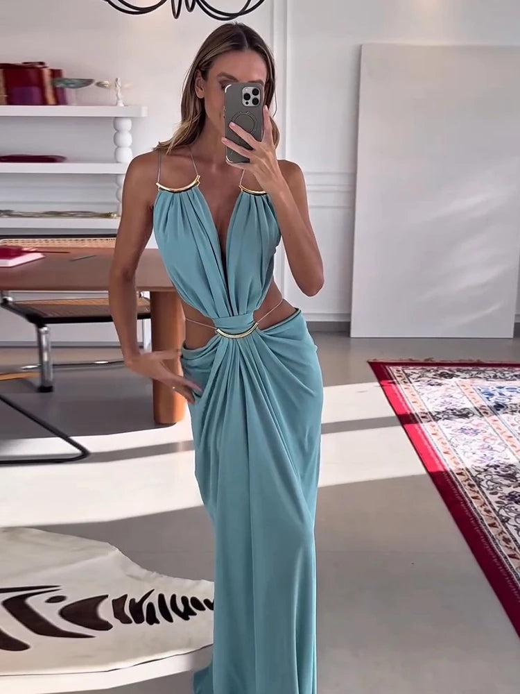 Sexy Women's Backless Dress Halter Sleeveless Waist Hollow Out Solid Female Dresses 2026 Summer Vacation Beach Fashion Lady Robe