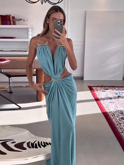 Sexy Women's Backless Dress Halter Sleeveless Waist Hollow Out Solid Female Dresses 2026 Summer Vacation Beach Fashion Lady Robe