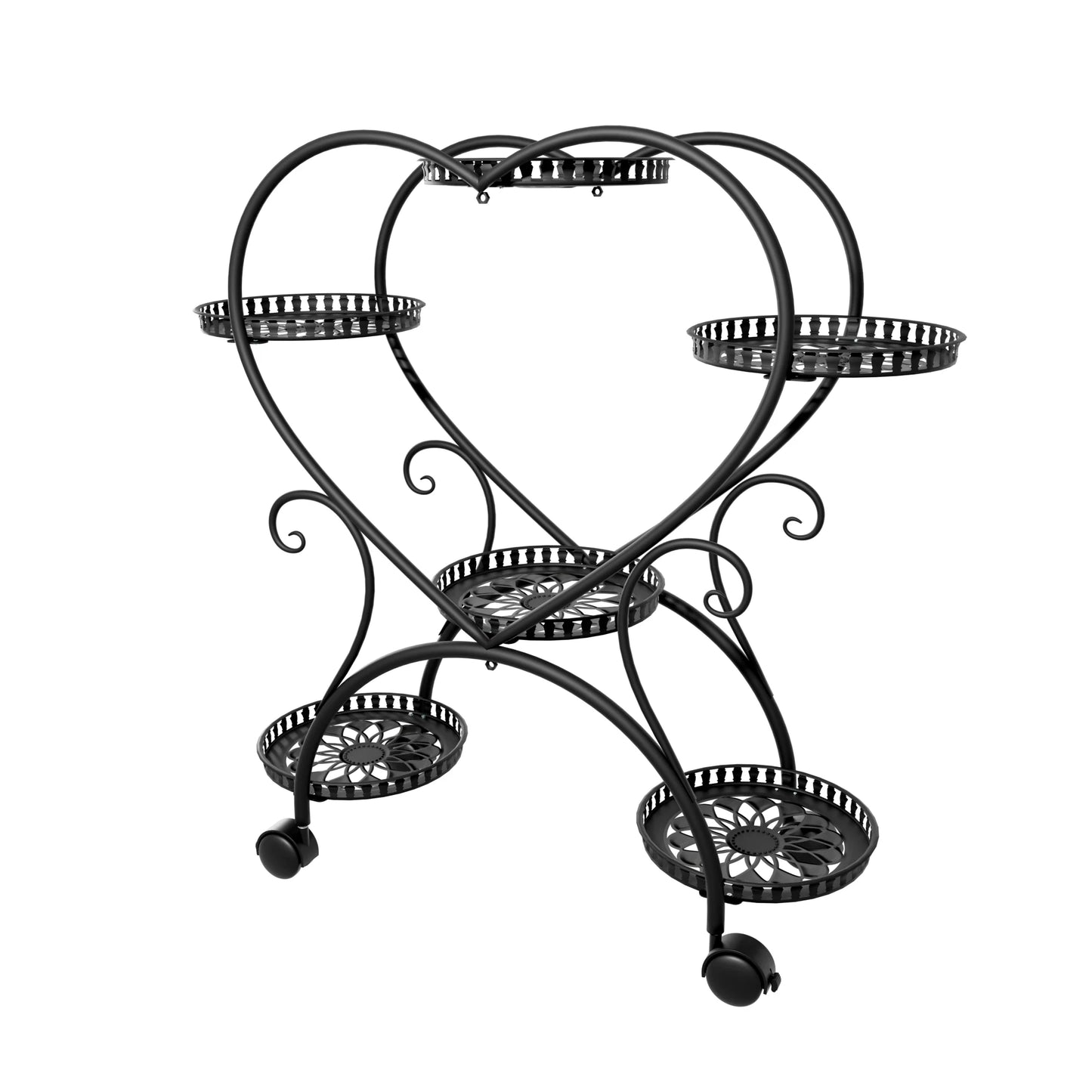 Black Metal Rolling Plant Stand Heart-Shaped Garden Display Rack with Wheels for Home And Garden Decor