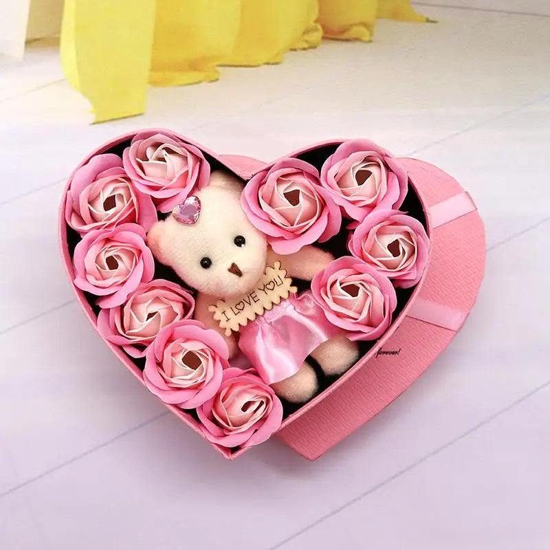 【P】Flower Red Pink Soap Rose Love Gift Box With Bear Valentine's Day Mother's Day Anniversary Gift Wedding Party Decorations