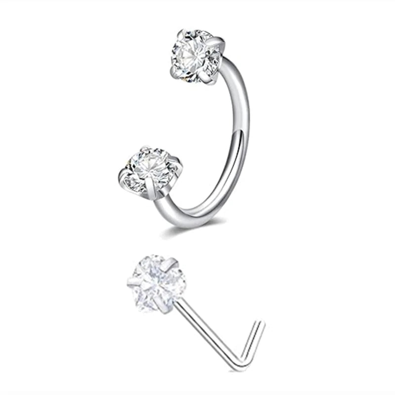 6/2pcs Horseshoe Nose Rings With L-Shape Nose Stud, Stainless Steel Rianbow CZ Nose Ring,, Lip Eyebrow Helix Ear Piercing