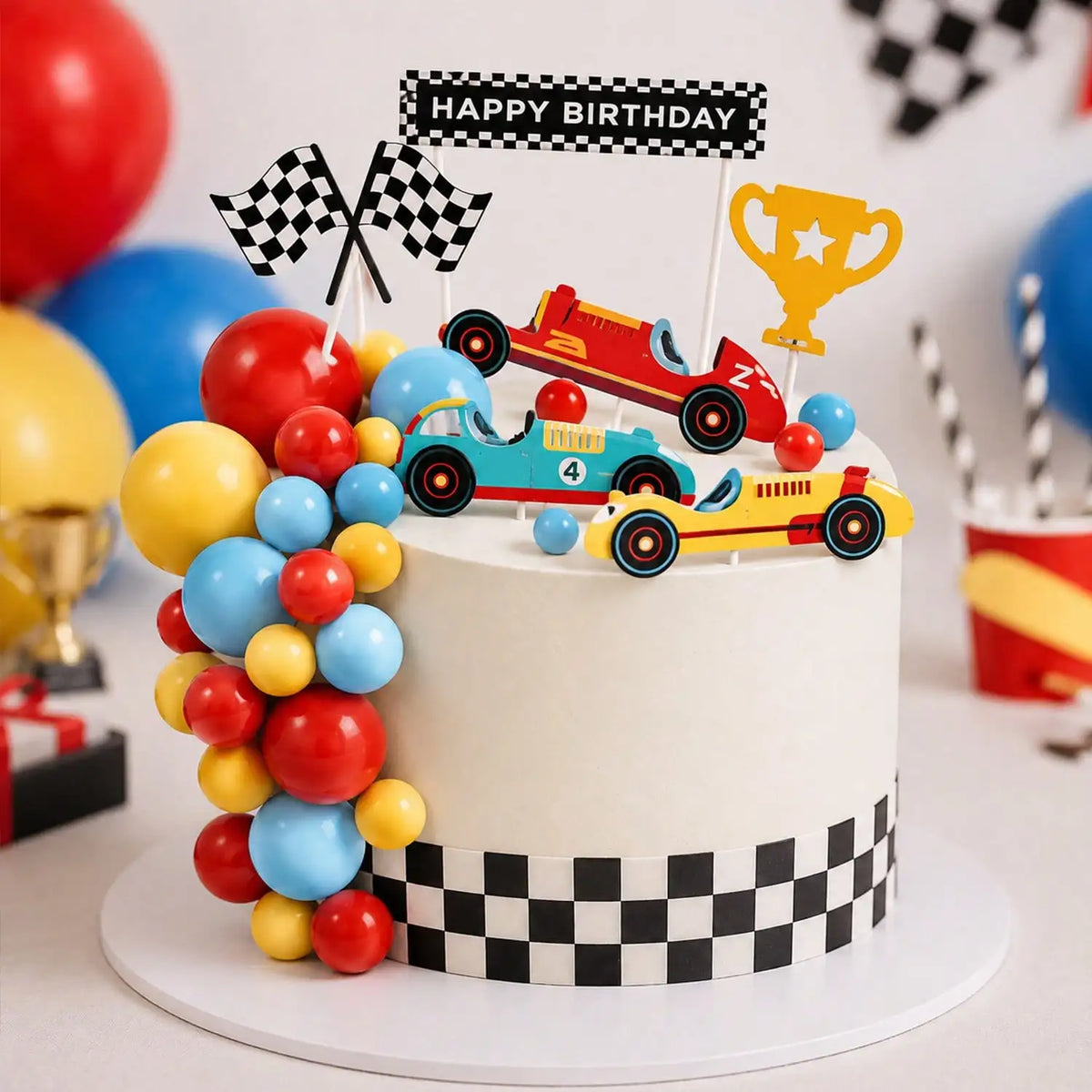 1set Racing Car Cake Topper Checkered Flag Trophy Happy Birthday Cake Decor For Boys Race Car Theme Birthday Party Supplies