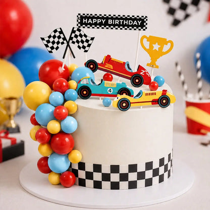 1set Racing Car Cake Topper Checkered Flag Trophy Happy Birthday Cake Decor For Boys Race Car Theme Birthday Party Supplies
