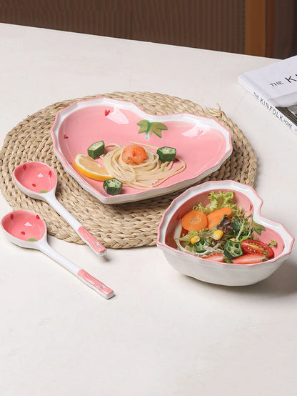 3pcs Strawberry Bowl Spoon Plate Set Beautiful Girl Heart Bowl Salad Bowl Dessert Household Tableware