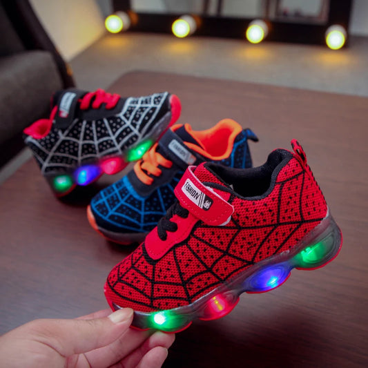 Mgo Kidss New Spring and Autumn Models, Sizes 21-36, Children's Shoes, Kids' Light-Up Shoes, Boys' and Girls' Running Shoes, Baby Flashing Shoes, Led Light-Up Sneakers, Mesh Spider Web Design, Suitable for Children Aged 1-3-6