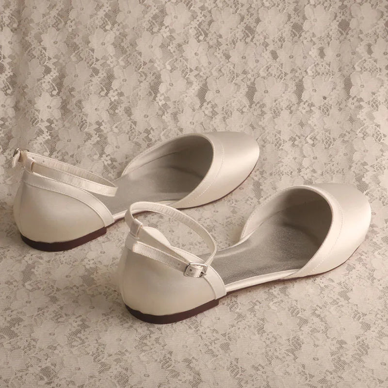 Customized Heel Ivory Satin Flat Bridal Wedding Shoes Rubber Sole Closed Toe Dance Shoes Flat with Ankle Strap