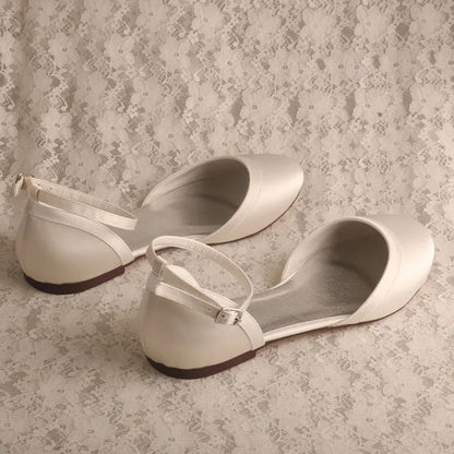 Customized Heel Ivory Satin Flat Bridal Wedding Shoes Rubber Sole Closed Toe Dance Shoes Flat with Ankle Strap