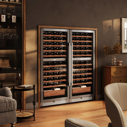 90 Bottles Dual Zone Wine Cooler Fridge 275L Built-in Wine Refrigerator Dual NTC Sensor Electronic Temperature Control 5-18℃ ETL Energy Star Certified 41dB Low Noise Wine Cabinet for Home Bar Kitchen