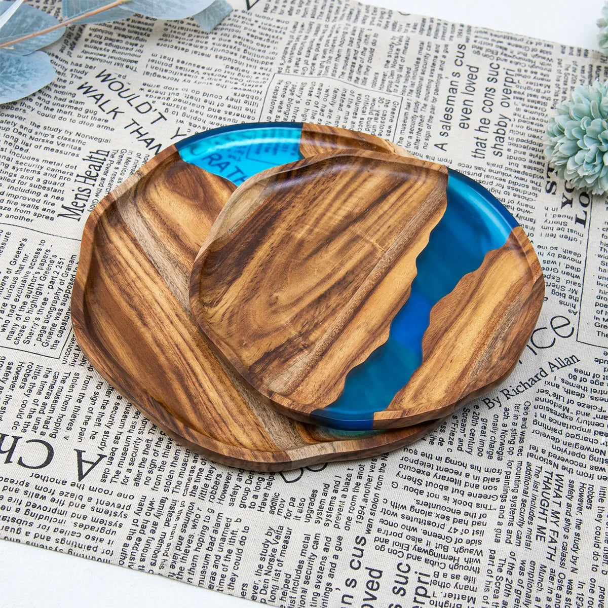 Acacia wood epoxy resin craft tray; tea tray; round plate; resin river; fireplace tray; home light luxury plate; wholesale