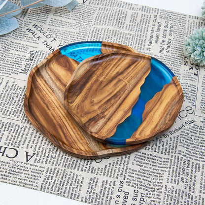 Acacia wood epoxy resin craft tray; tea tray; round plate; resin river; fireplace tray; home light luxury plate; wholesale
