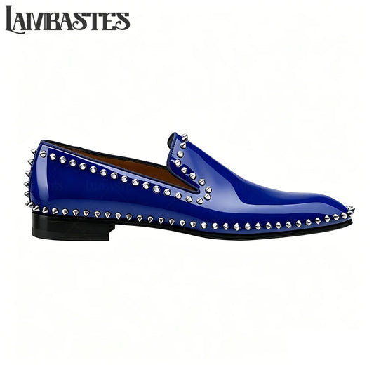 Metallic Stud Trimmed Mens Loafers Patent Matte PU Leather Slip on Shoes Edge Studded Accent Designer Style Formal Dress Shoes