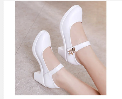 Fashion Soft Leather Silver Red Wedding Shoes Women Mid heel Black Heels Platform Pumps Women for Office high heels Shoes Large