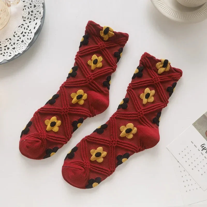 New Style Crew Socks for Women Spring Fashion Cute Flower Long Cotton Socks Japanese Style Breathable Casual Trendy Absorb Sweat