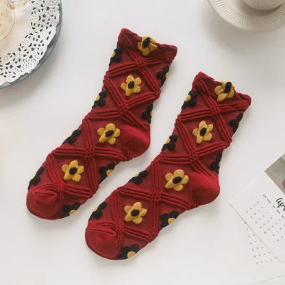 New Style Crew Socks for Women Spring Fashion Cute Flower Long Cotton Socks Japanese Style Breathable Casual Trendy Absorb Sweat