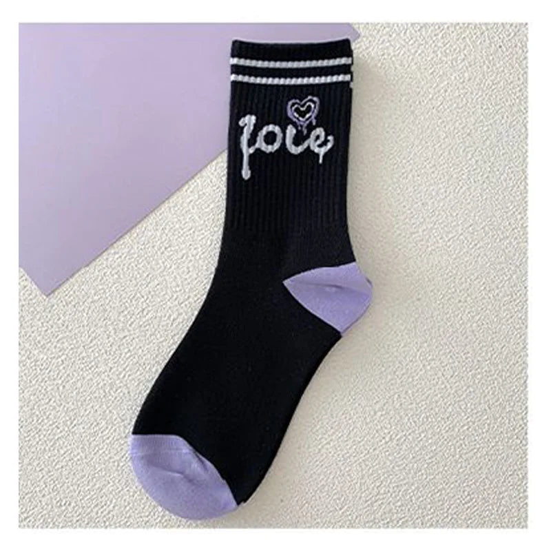 Kawaii Love Print Socks Purple Women Socks Female High Beauty In Spring Summer Fried Street Middle Tube Socks Harajuku Medias
