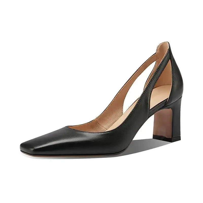 Woman Footwear Office High Heels Black Square Toe Block Heel On Heeled Luxury Leather Casual Pumps Chunky Shoes For Women L Y2k