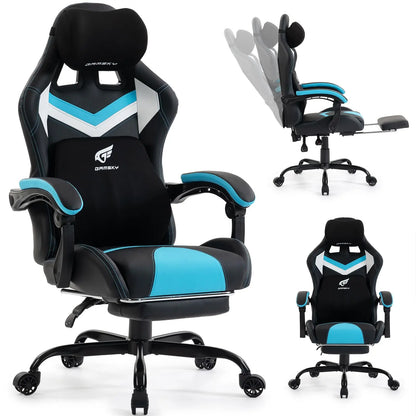 Ergonomic Gaming Chair for Adults, Black Blue | Comfy Video Game Chair with Footrest, Gamer Chair with Headrest and