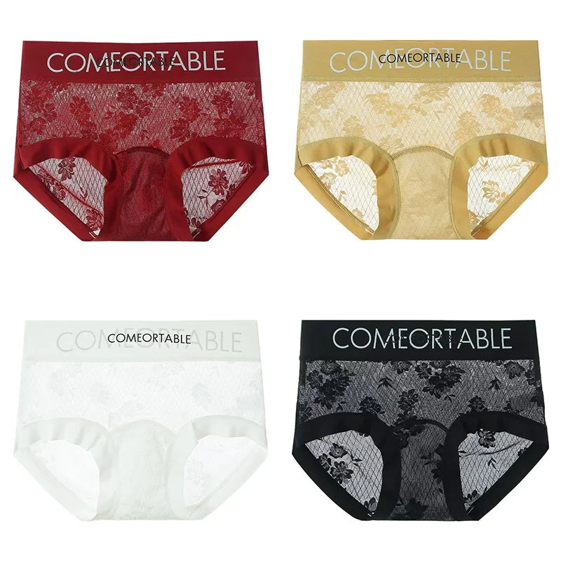 4PCS Women Seamless Panties Transparent Briefs Plus Size Lace Antibacterial Panties