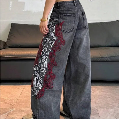 Vintage Dark Grey Fade Women High Waist Wide Leg Jeans Side Red White Abstract Embroidery Denim Summer 2026 Euro Street Pants