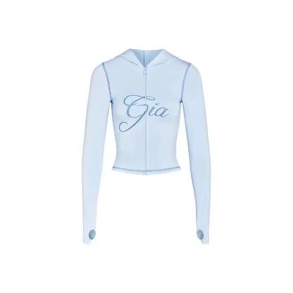 gia slim fit letter printed open thread design hooded zipper short jacket pants set