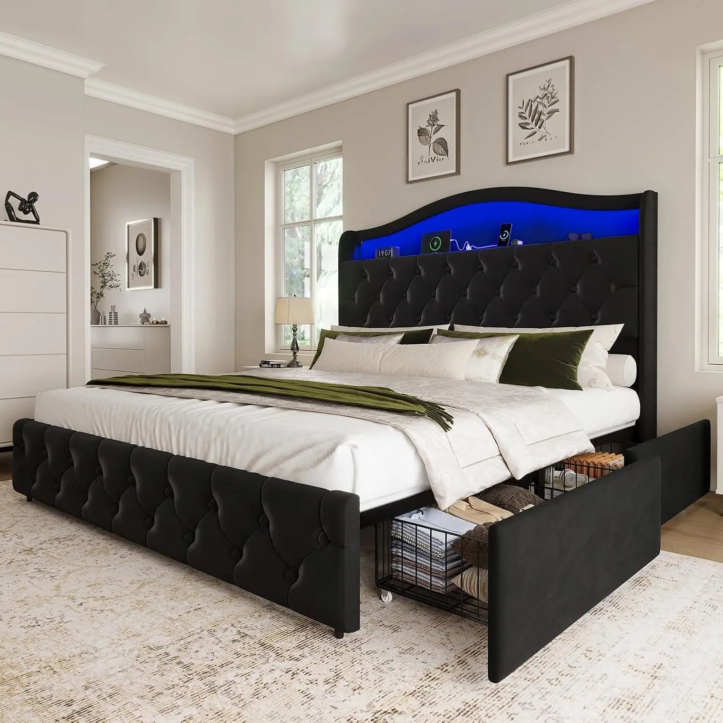 Queen Size Bed Frame and Headboard & 4 Storage Drawers, Upholstered Platform Bed Frame with RGB LED Lights &, Customized