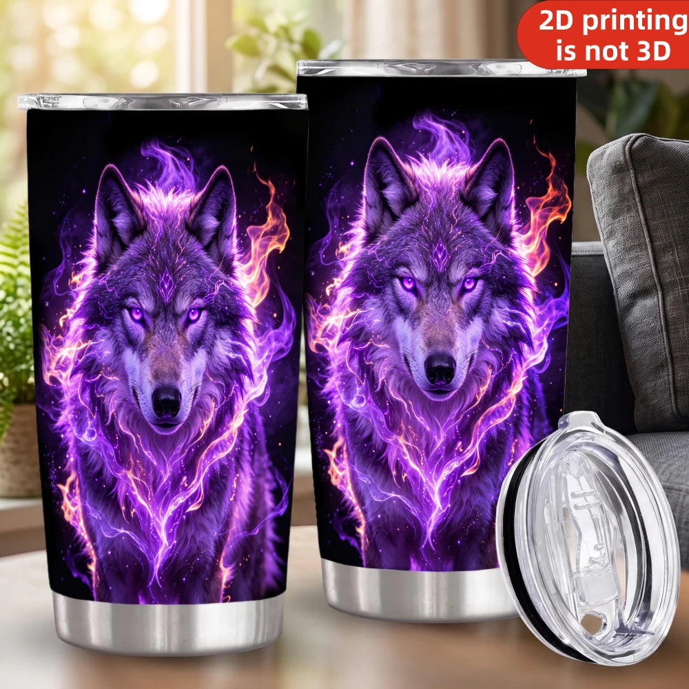 20oz Glowing Purple Fire Wolf Printed Stainless Steel Tumbler with Lid and Straw, Mystical Fantasy Spirit Animal Dark Gothic Vacuum Insulated Travel Coffee Mug Gifts for Men Women
